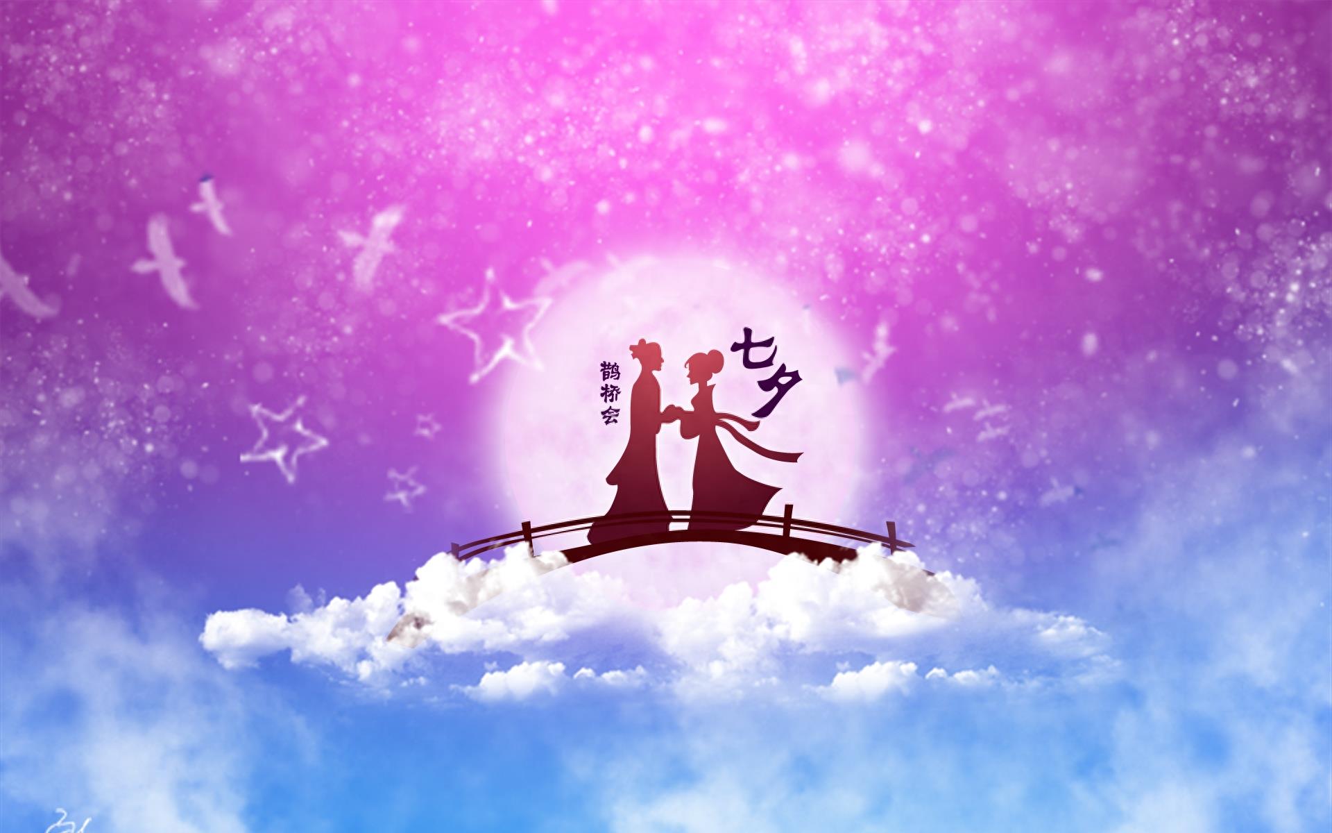 唯美风，牛郎织女鹊桥相会，七夕情人节专用电脑壁纸背景图片推荐